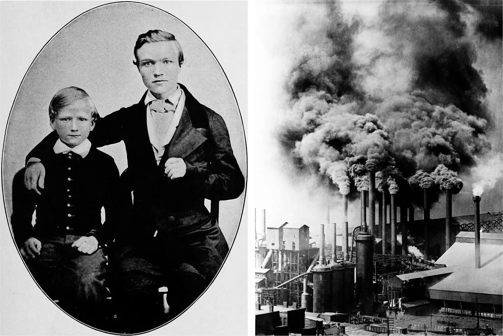 Left: teenage Andrew Carnegie and his younger brother. Right: Pittsburgh steel factories during the Gilded Age.