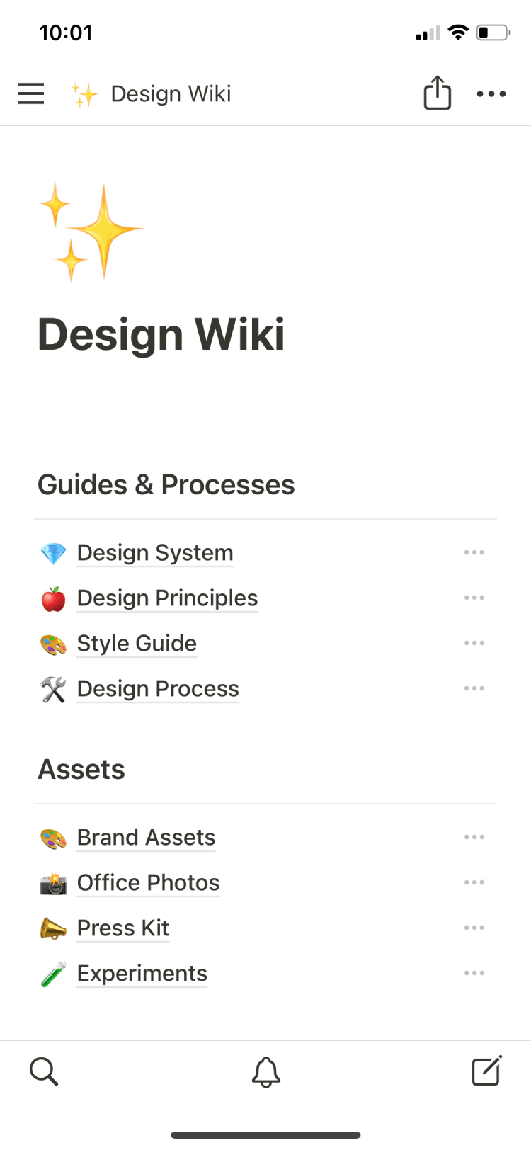 Una captura de pantalla de la aplicación móvil de Notion