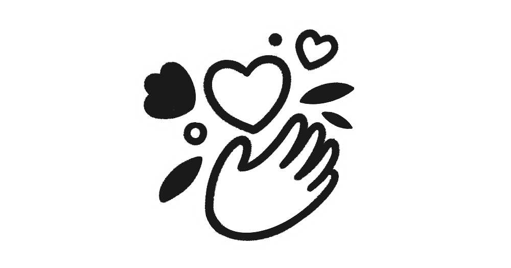 Ilustración en blanco y negro minimalista de una mano abierta con corazones flotando sobre ella.