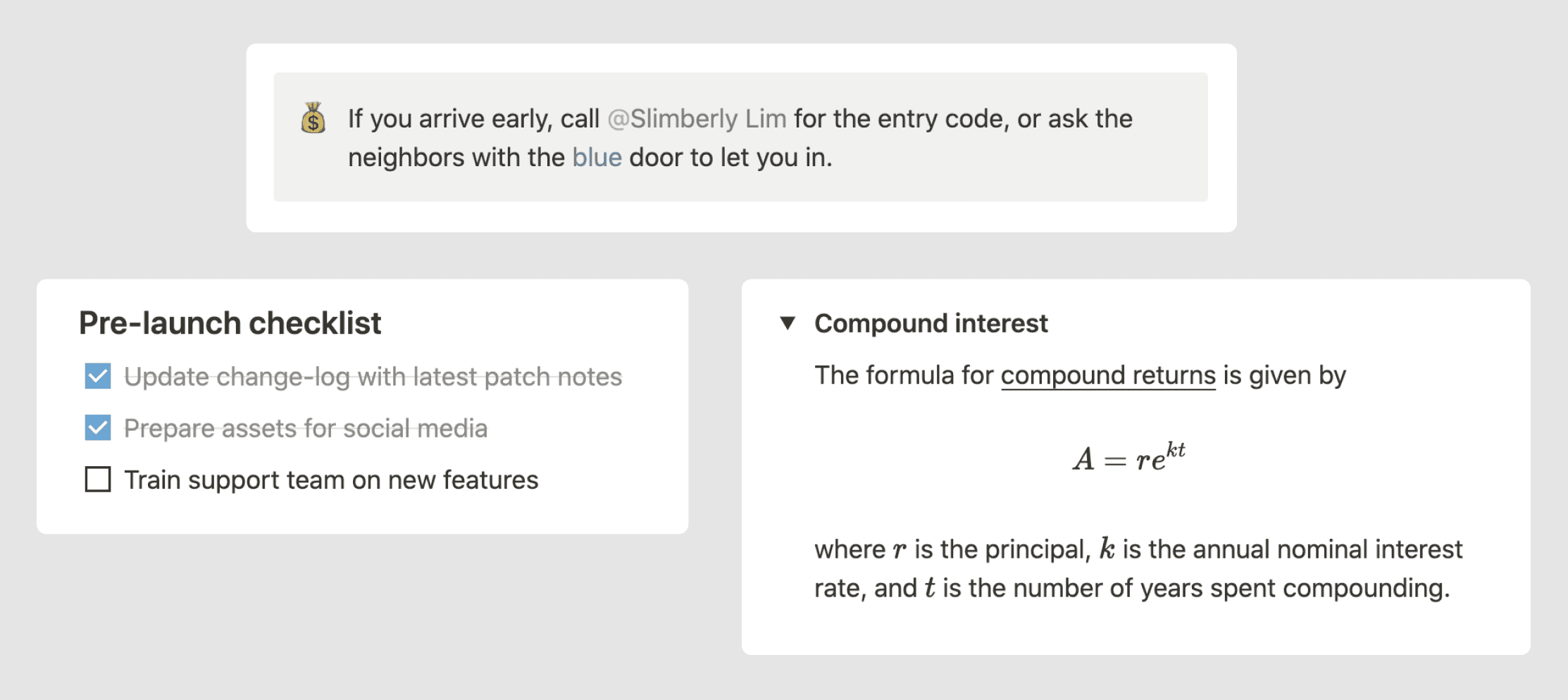 No widely-used Markdown implementation supports underlined or colored text, block or inline equations, callout blocks, toggle blocks, or dynamic user and date mentions.