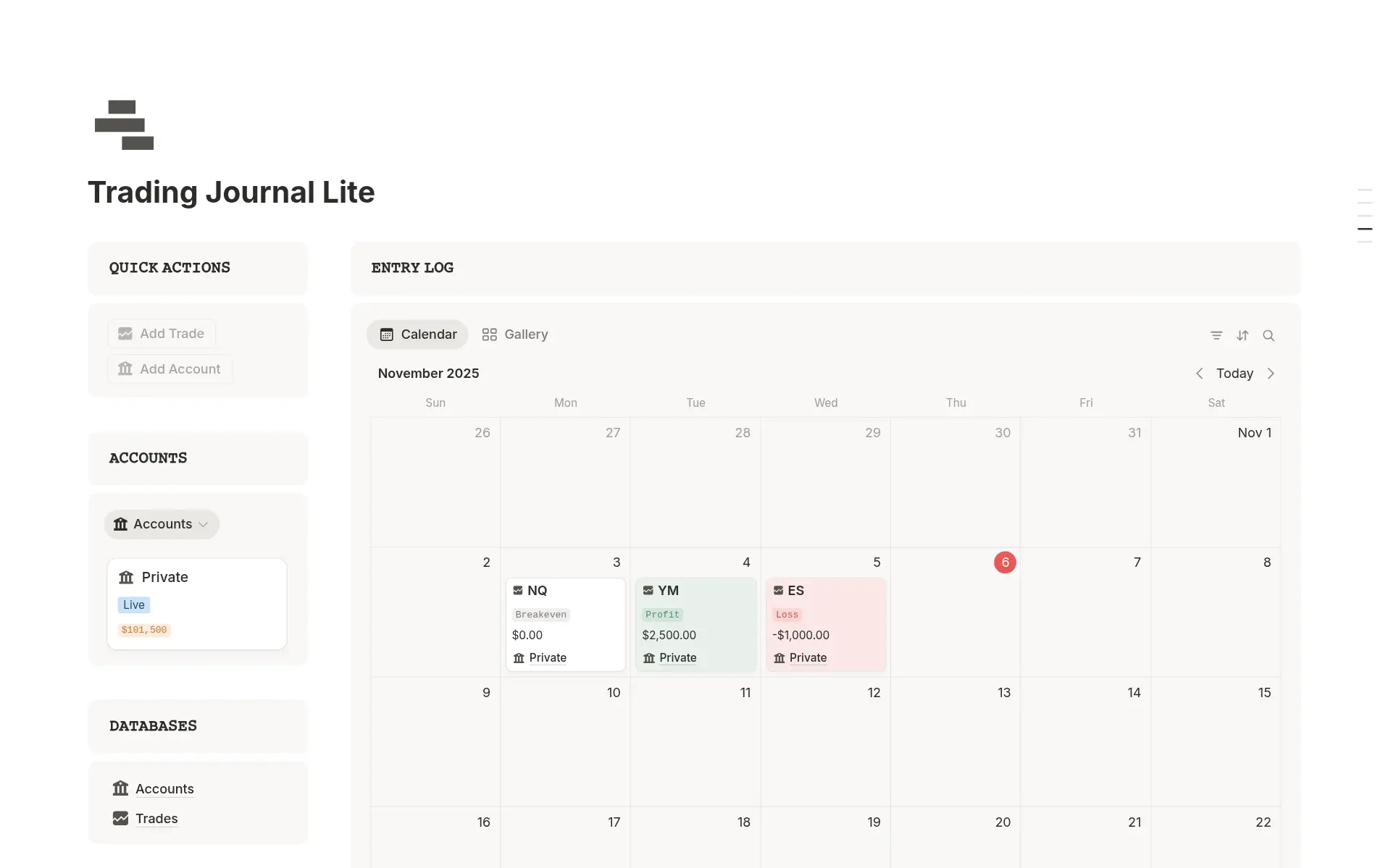 ภาพหน้าจอของคอลเล็คชั่น ติดตามทุกรายการเทรด โดย Notion