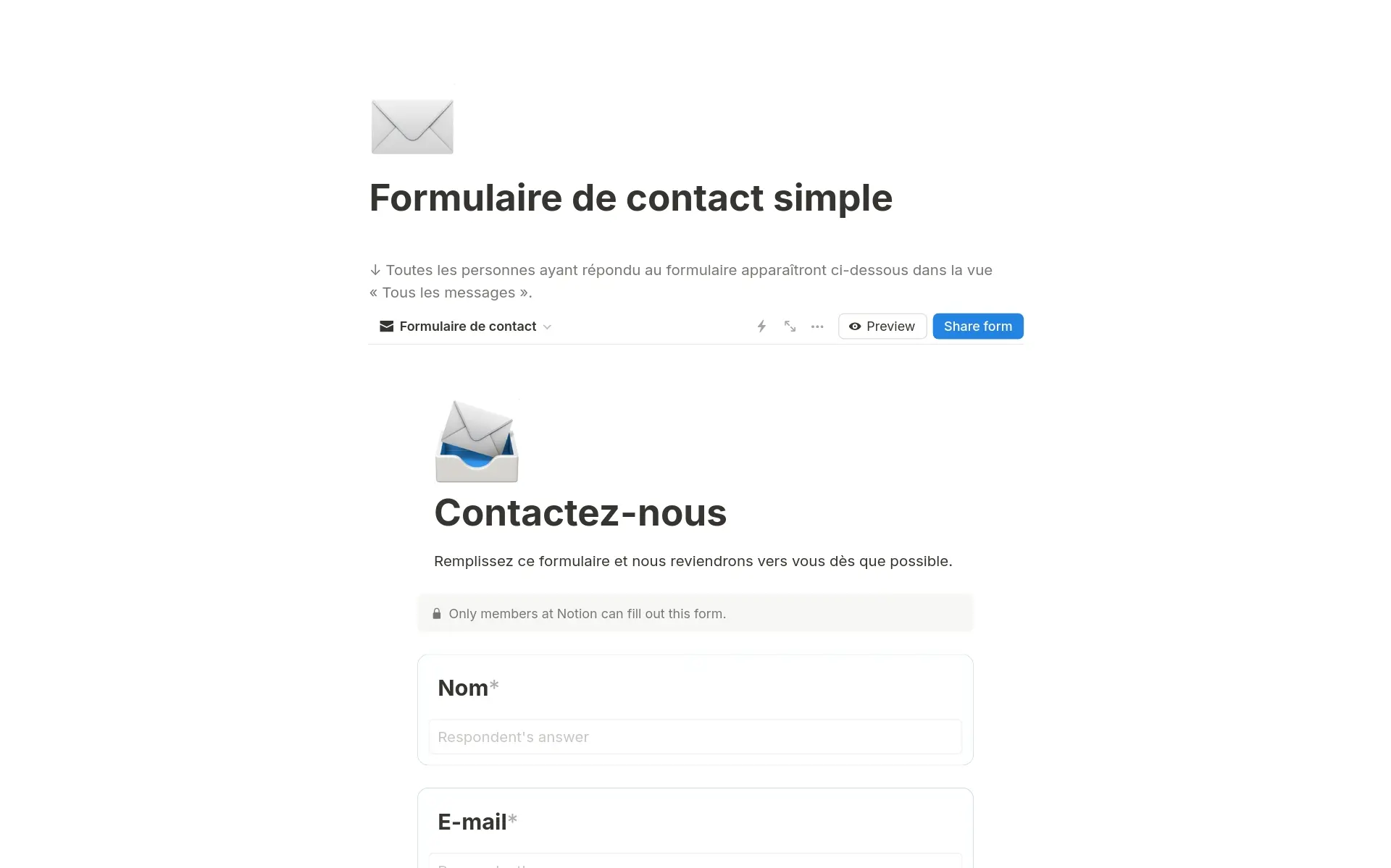 Aperçu du modèle de Formulaire de contact simple